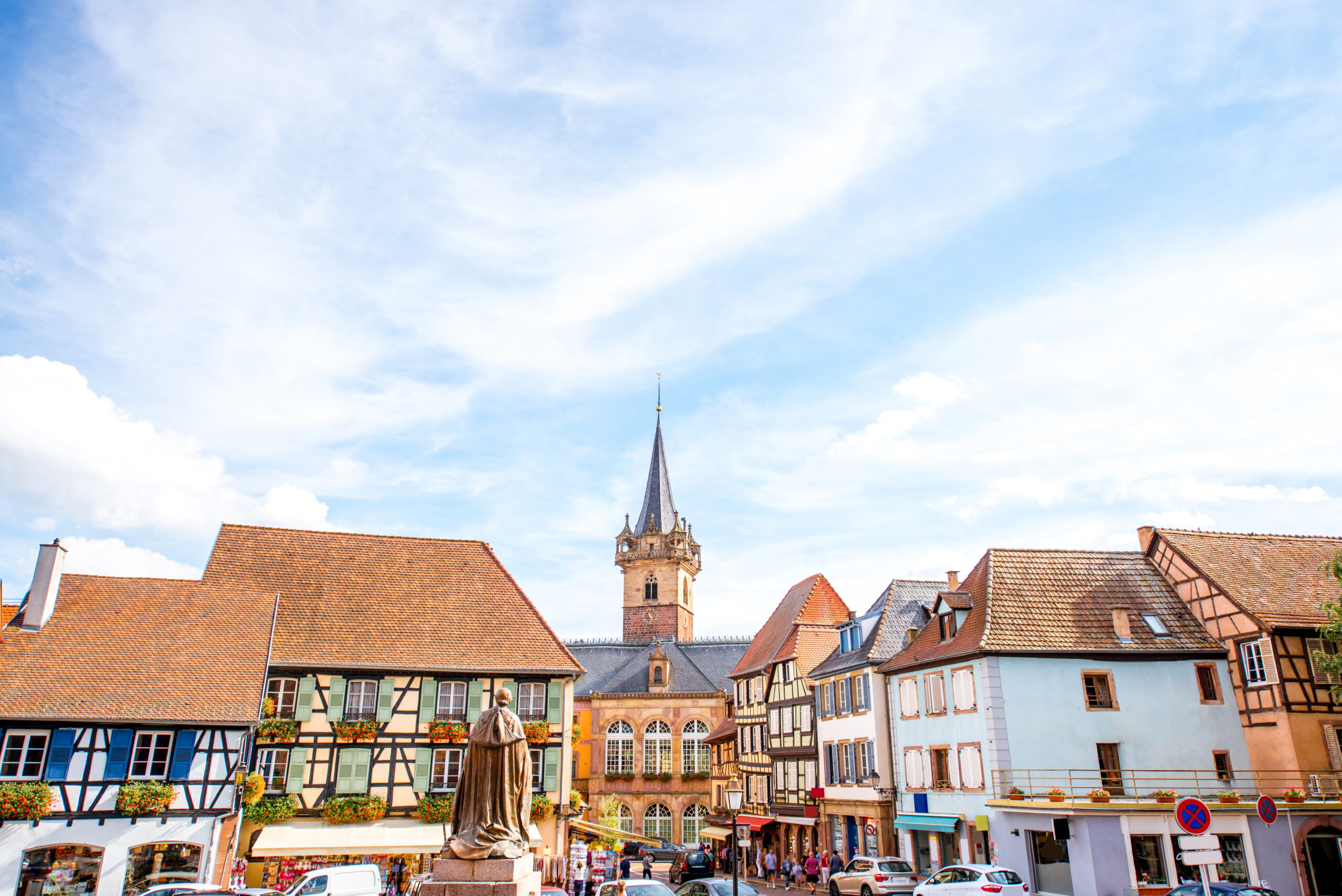 Cityscape view on the old village with medieval tower in Obernai town in Alsace region, France